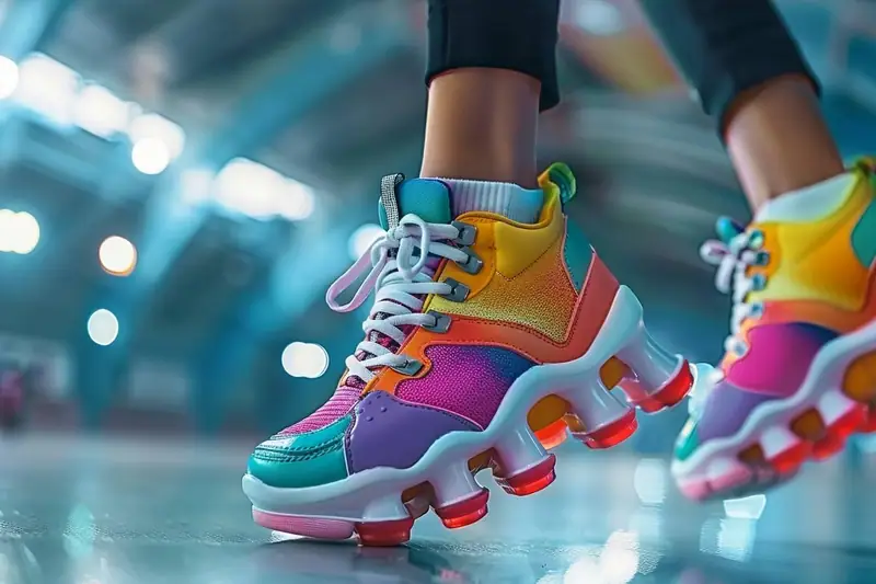 Pieds chaussés de baskets multicolores à roulettes rouges sur un sol intérieur brillant