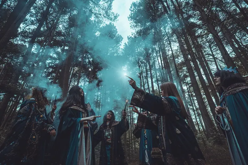Cinq personnes en longues robes sombres lèvent des baguettes dans une forêt enfumée