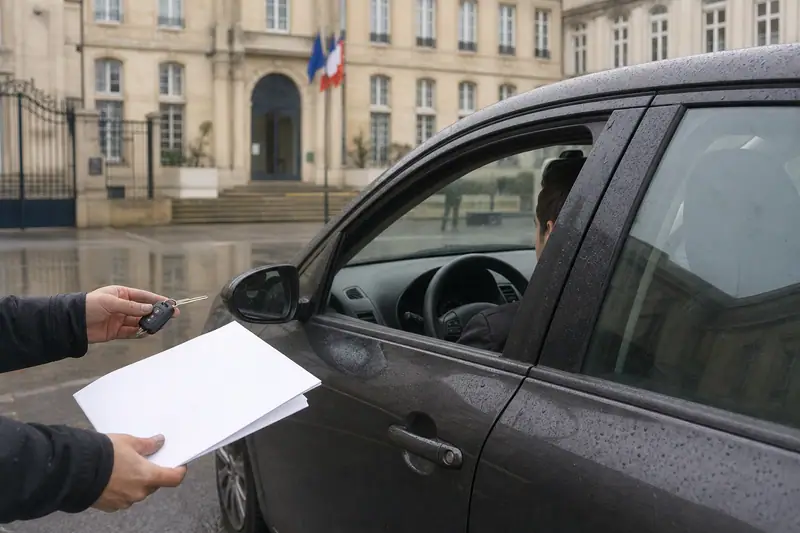 Une personne tend des clés et des documents à travers la fenêtre d’une voiture noire sous la pluie