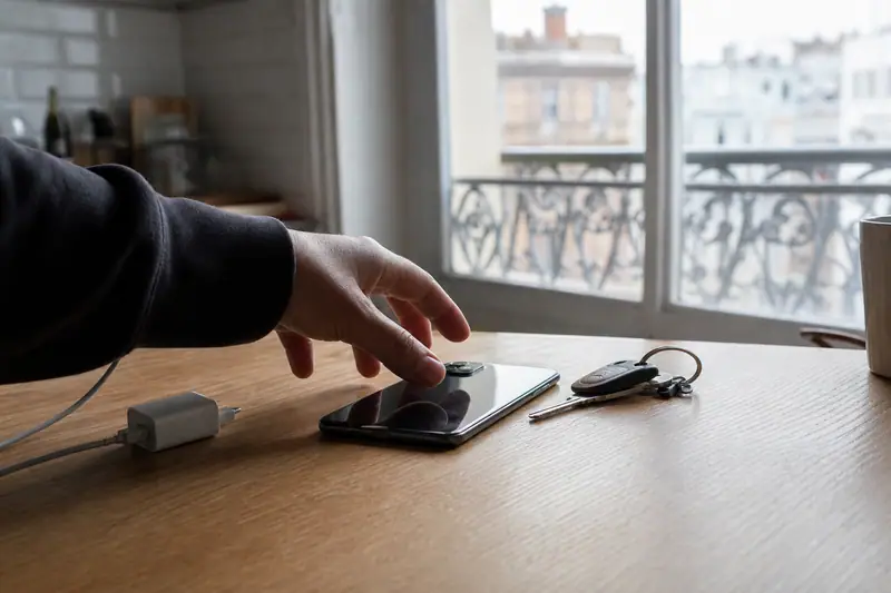 Une main approche un smartphone posé sur une table en bois près d'une fenêtre