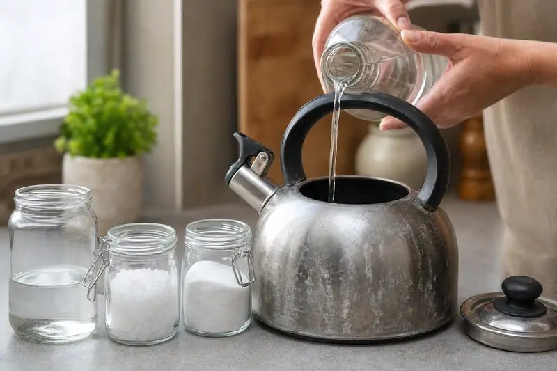 Une personne verse un liquide transparent dans une bouilloire métallique entourée de bocaux en verre