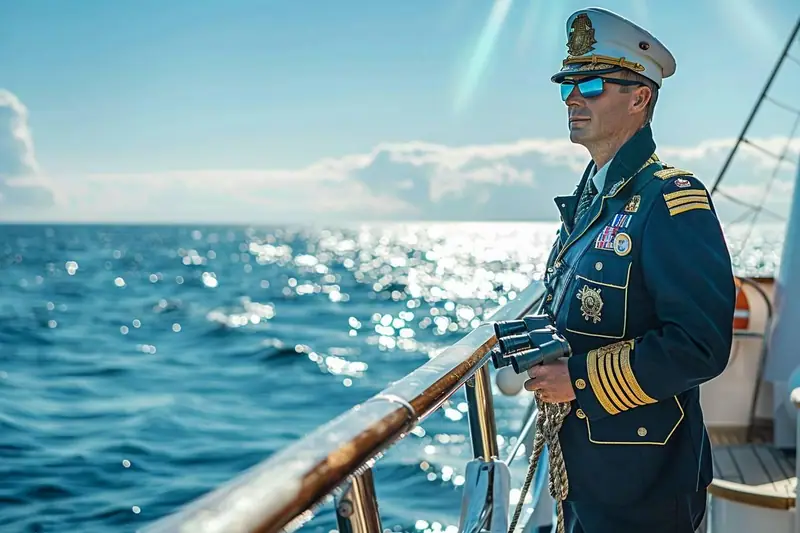 Un homme en uniforme bleu marine tient des jumelles sur le pont d’un bateau en mer
