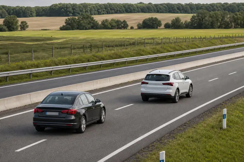 Deux voitures circulent sur une route à deux voies bordée de champs et de glissières métalliques