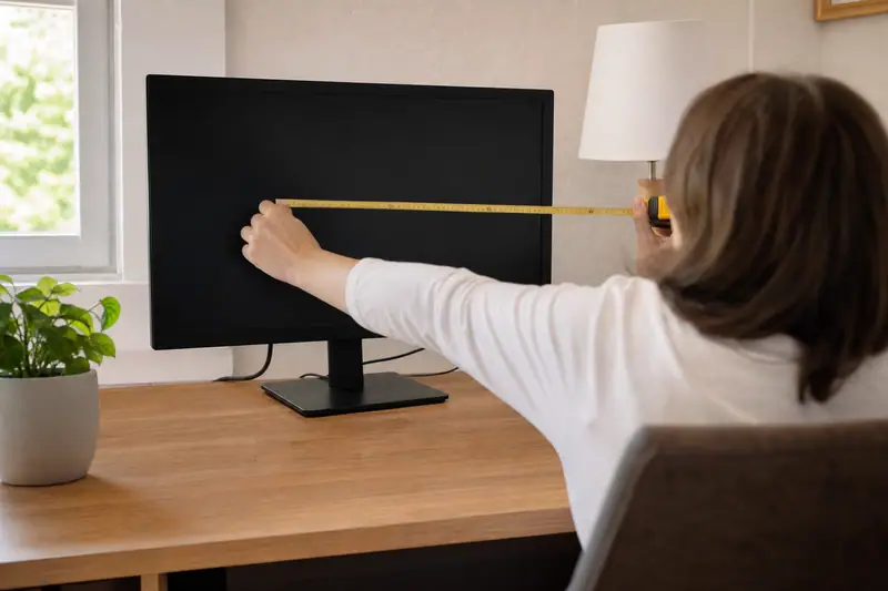 Une femme mesure avec un mètre ruban la distance jusqu'à un écran noir sur un bureau
