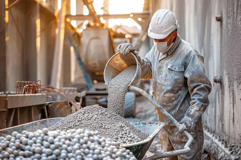 Un ouvrier verse des billes grises dans une brouette sur un chantier intérieur poussiéreux