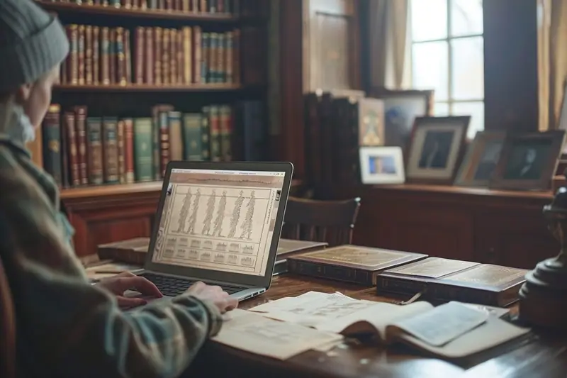 Une personne consulte un arbre généalogique sur ordinateur parmi des livres et documents anciens