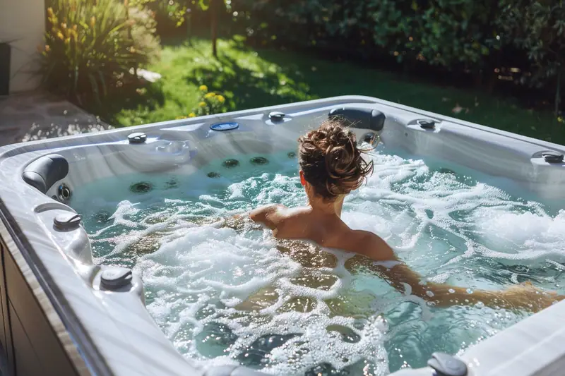 Une personne est assise dans un jacuzzi extérieur aux remous abondants, entouré de végétation