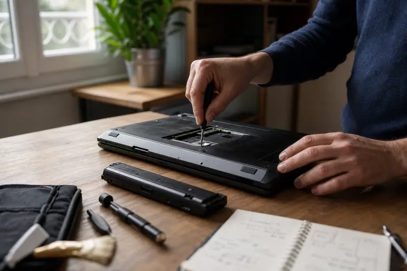 Une personne démonte le dessous d'un ordinateur portable avec un tournevis sur une table en bois