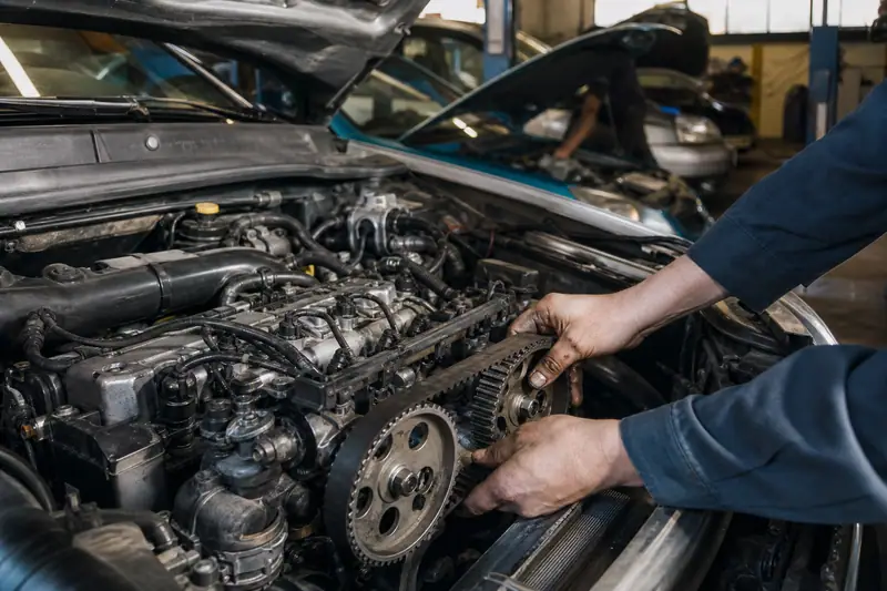Mains d’un mécanicien manipulant une courroie crantée dans le compartiment moteur d’une voiture ouverte