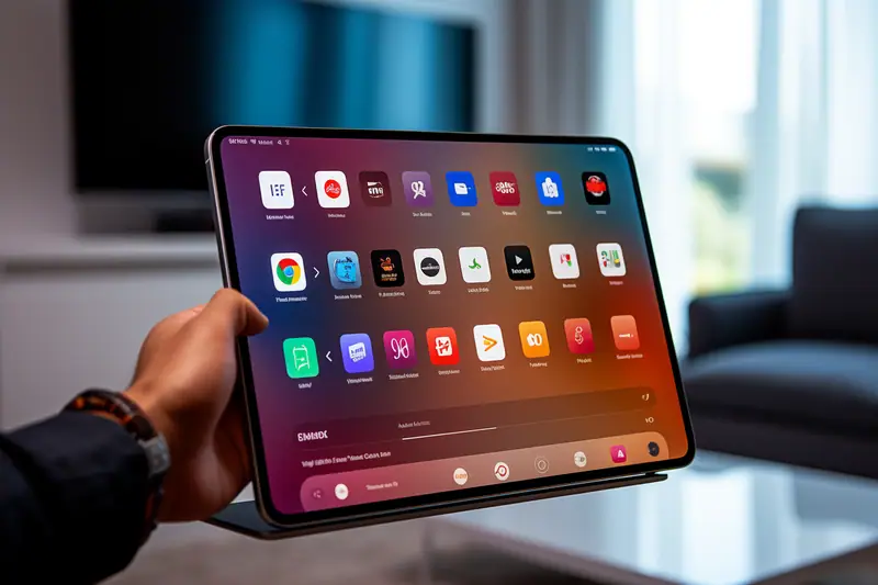 Une main tient une tablette noire affichant des icônes d’applications devant un salon flou