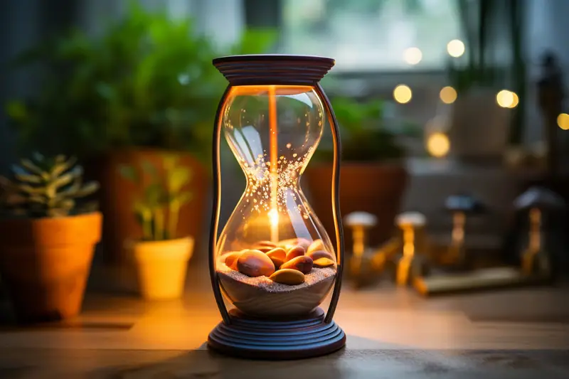 Un sablier en verre éclairé repose sur une table, devant des plantes en pots floues