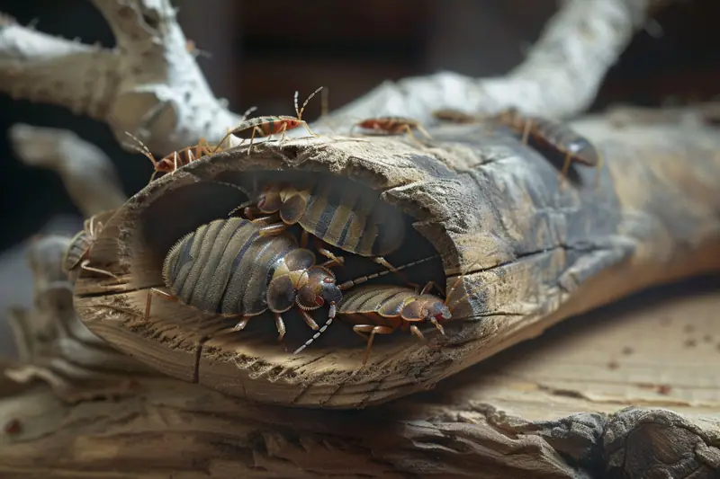 Plusieurs insectes brunâtres regroupés à l’intérieur et autour d’un morceau de bois creux fendu