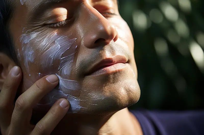 Un homme aux yeux fermés étale une crème blanche sur sa joue avec deux doigts