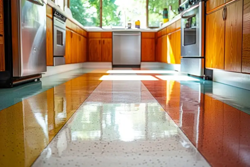 Sol de cuisine à bandes colorées brillant, encadré de meubles en bois et d’électroménagers inoxydables