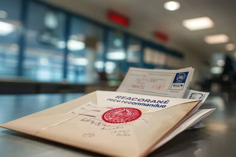 Plusieurs enveloppes recommandées posées sur un comptoir, avec formulaires et étiquettes visibles dans un bureau de poste