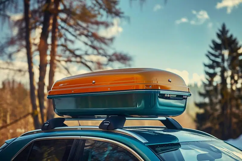 Coffre de toit orange et bleu fixé sur les barres d’une voiture bleue, devant des arbres