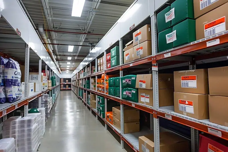 Rayonnages métalliques garnis de cartons étiquetés et de bacs verts dans une allée d’entrepôt