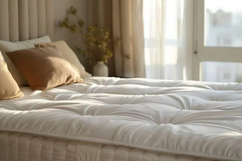 Lit double recouvert d’un matelas blanc matelassé, avec coussins beiges près d’une fenêtre lumineuse
