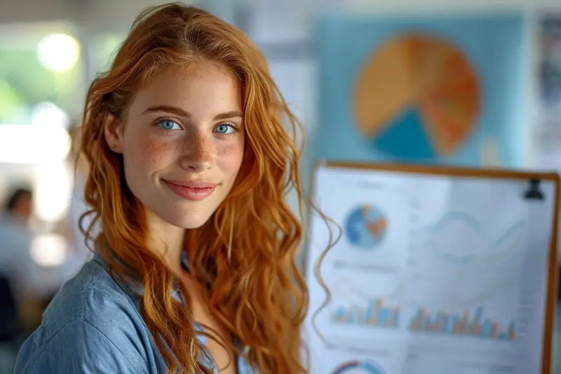 Jeune femme aux cheveux roux souriant devant un écran affichant des graphiques colorés
