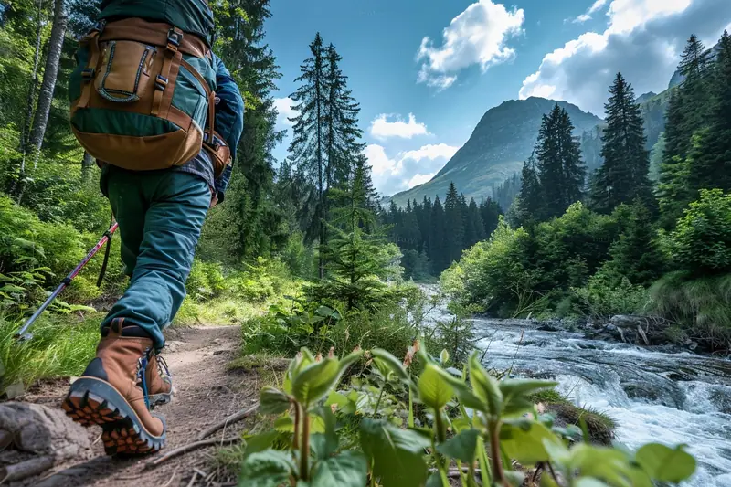 Randonneur avec sac à dos et bâton marchant sur un sentier forestier près d’une rivière