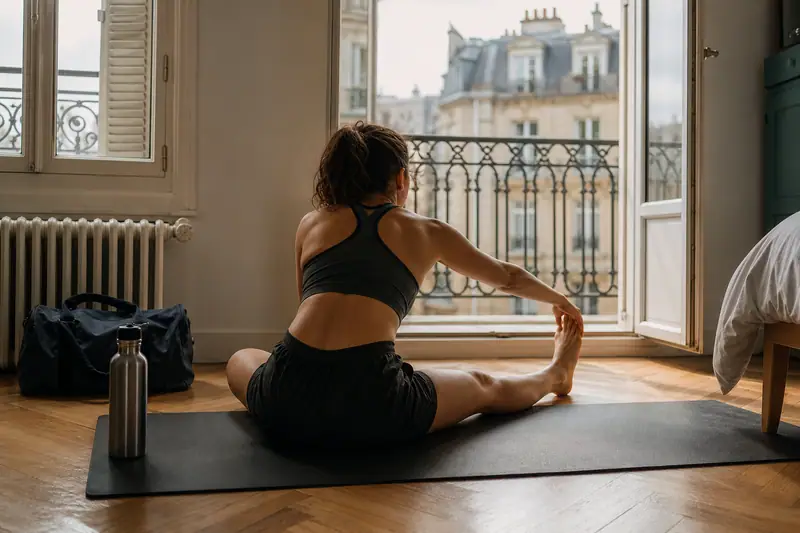 Une femme assise sur un tapis noir étire sa jambe près d'une fenêtre ouverte
