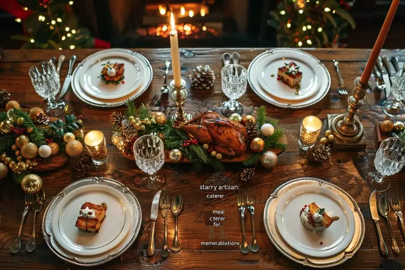 Table en bois dressée avec vaisselle blanche, dinde rôtie, bougies et décorations végétales dorées