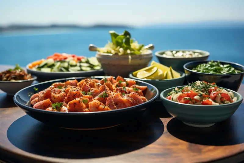 Plats de légumes et fruits de mer servis dans des bols sur une table en bois face à la mer