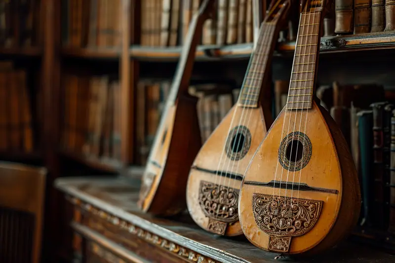 Deux luths en bois reposent sur une étagère devant des livres anciens