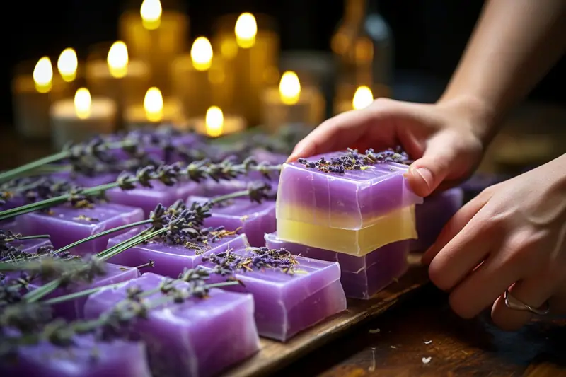 Des mains disposent des cubes de savon violets garnis de fleurs séchées sur une planche en bois