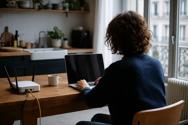 Une personne assise à une table utilise un ordinateur portable près d'une fenêtre