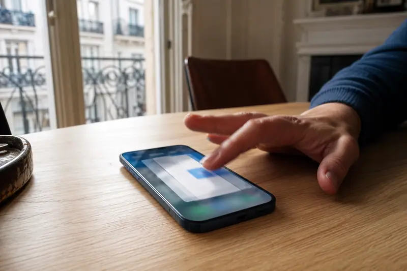 Une main fait glisser un doigt sur l'écran d'un smartphone posé sur une table en bois