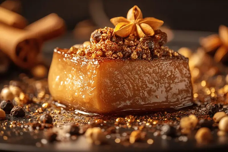 Une terrine brune nappée de gelée, garnie d’épices et d’une étoile de badiane sur une table sombre