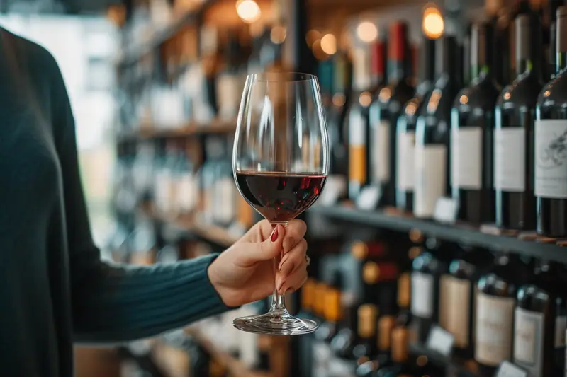 Une main tient un verre de vin rouge devant des étagères de bouteilles