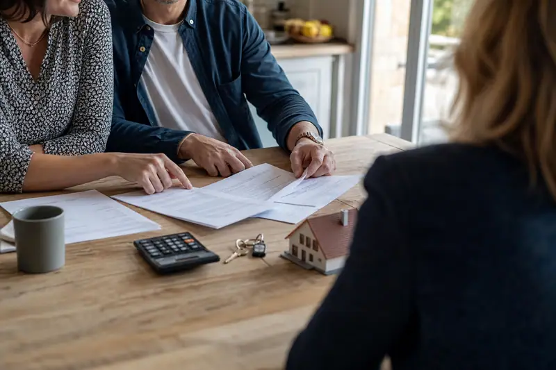 Deux personnes examinent des documents sur une table avec calculatrice, clés et maquette de maison