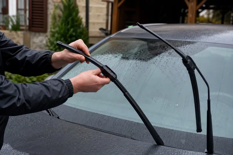 Une personne fixe une lame noire sur l'essuie-glace d'une voiture au pare-brise mouillé