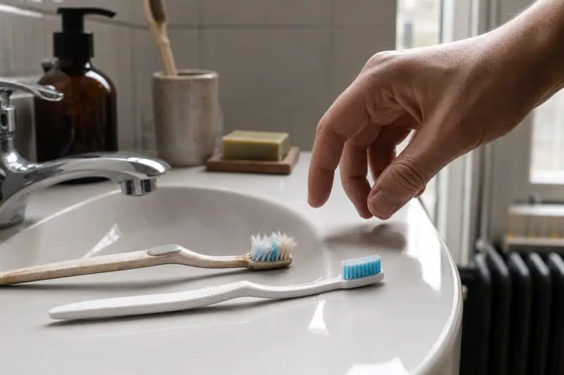 Une main saisit une brosse à dents près de deux autres sur un lavabo blanc