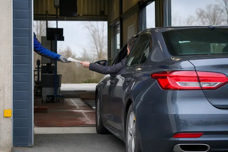 Une conductrice tend un document à un employé depuis la fenêtre de sa voiture grise