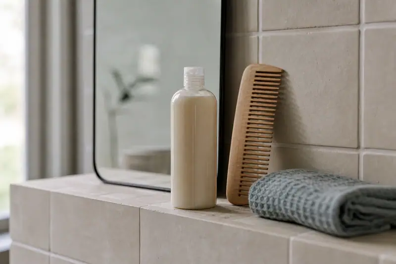 Un flacon beige, un peigne en bois et une serviette grise reposent sur un rebord carrelé