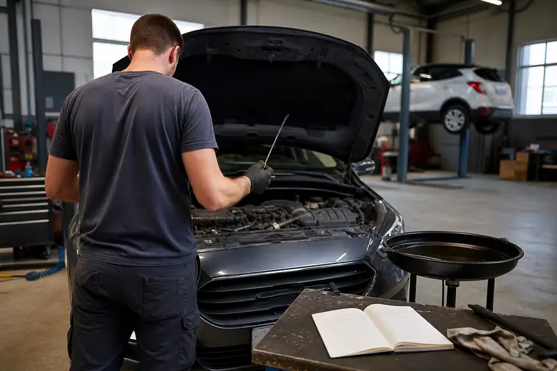 Un mécanicien vérifie le moteur d'une voiture grise capot ouvert dans un atelier
