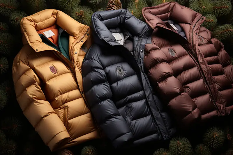 Trois doudounes matelassées beige, bleu marine et marron sont posées sur des branches de pin