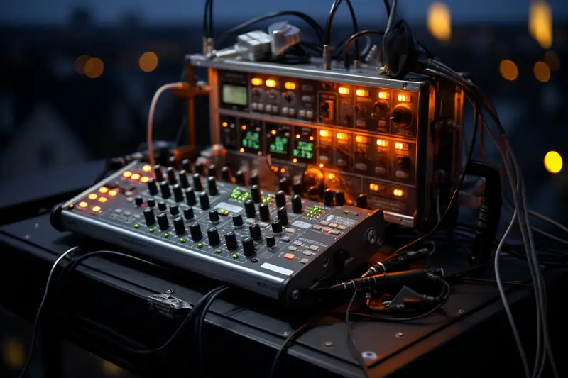 Table de mixage et appareils électroniques lumineux reliés par des câbles dans une pièce sombre