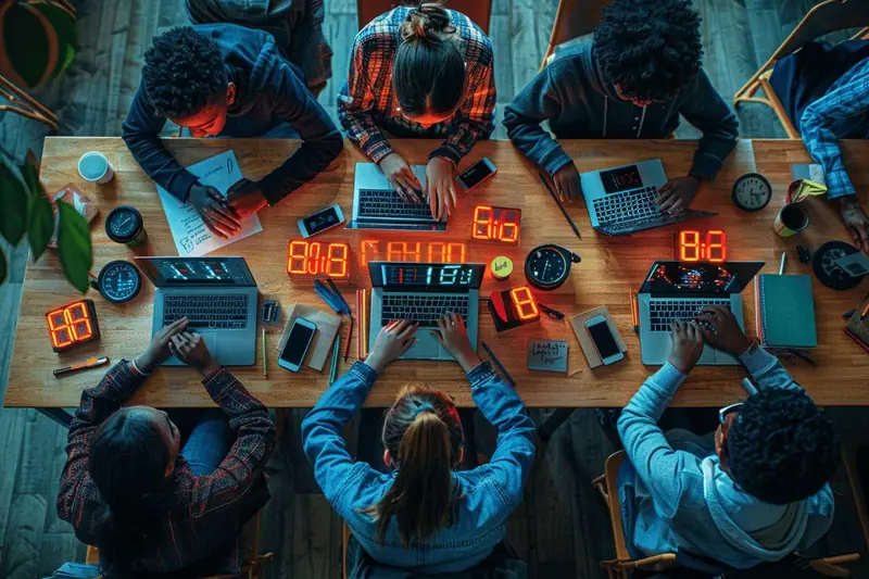Des personnes travaillent autour d’une table en bois avec ordinateurs, cahiers et minuteurs numériques