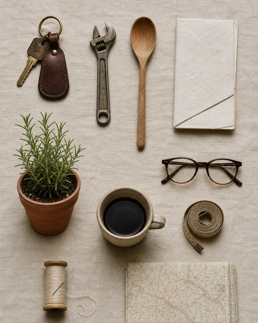 Objets du quotidien disposés à plat sur une toile de lin : clés, clé à molette, cuillère en bois, courrier plié, romarin en pot, lunettes, tasse de café, mètre ruban, bobine de fil et carte routière