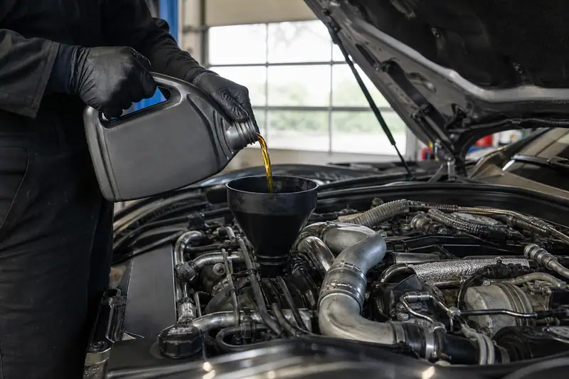 Des mains gantées versent un liquide ambré dans l’entonnoir d’un moteur ouvert