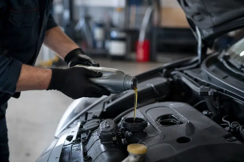 Personne gantée verse un liquide ambré d’un bidon dans le moteur ouvert d’une voiture