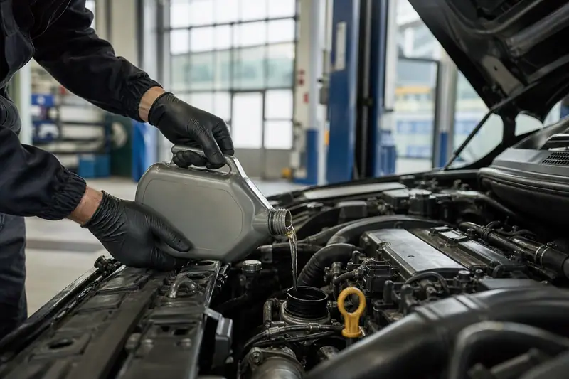Une personne verse un liquide depuis un bidon gris dans le moteur d’une voiture ouverte