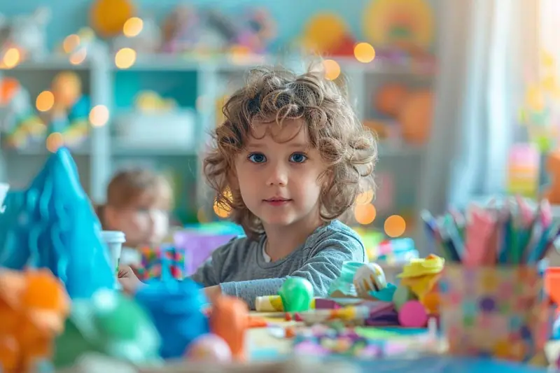 Une enfant aux cheveux bouclés manipule des figurines colorées sur une table encombrée de jouets