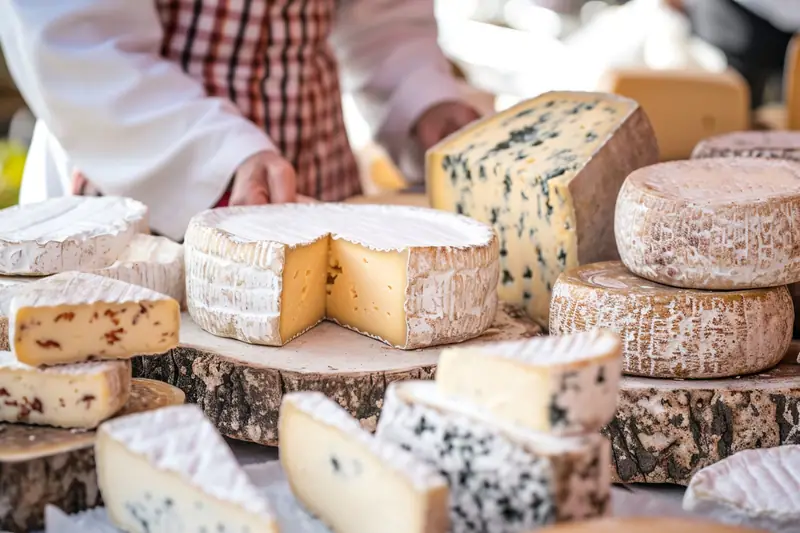 Des meules et quartiers de fromages variés sont disposés sur une table en bois