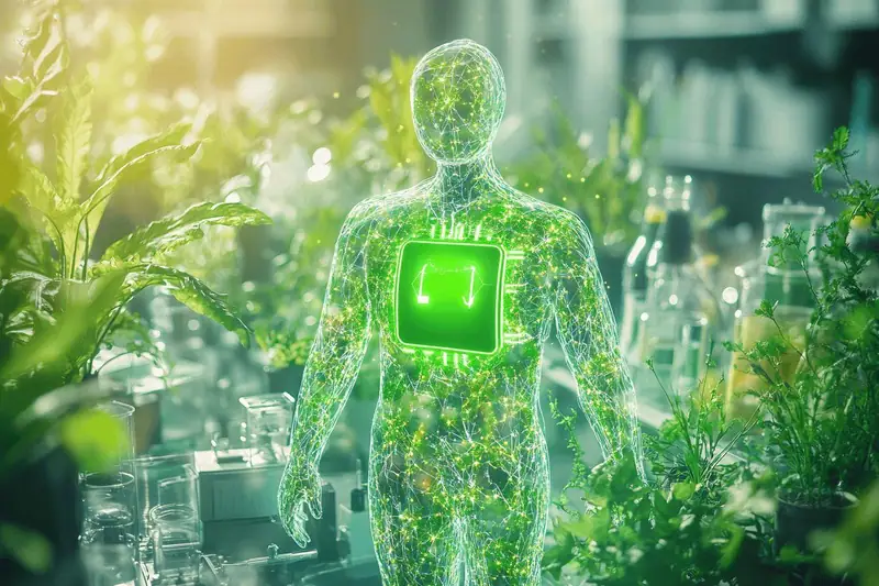 Silhouette humaine numérique transparente avec icône de batterie verte au milieu de plantes et bocaux