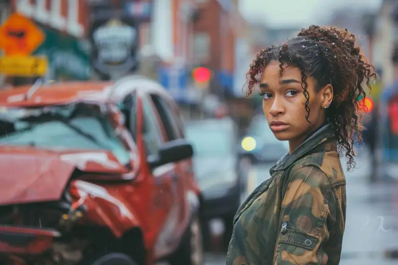 Une femme en veste camouflage se tient près d’une voiture rouge accidentée sous la pluie